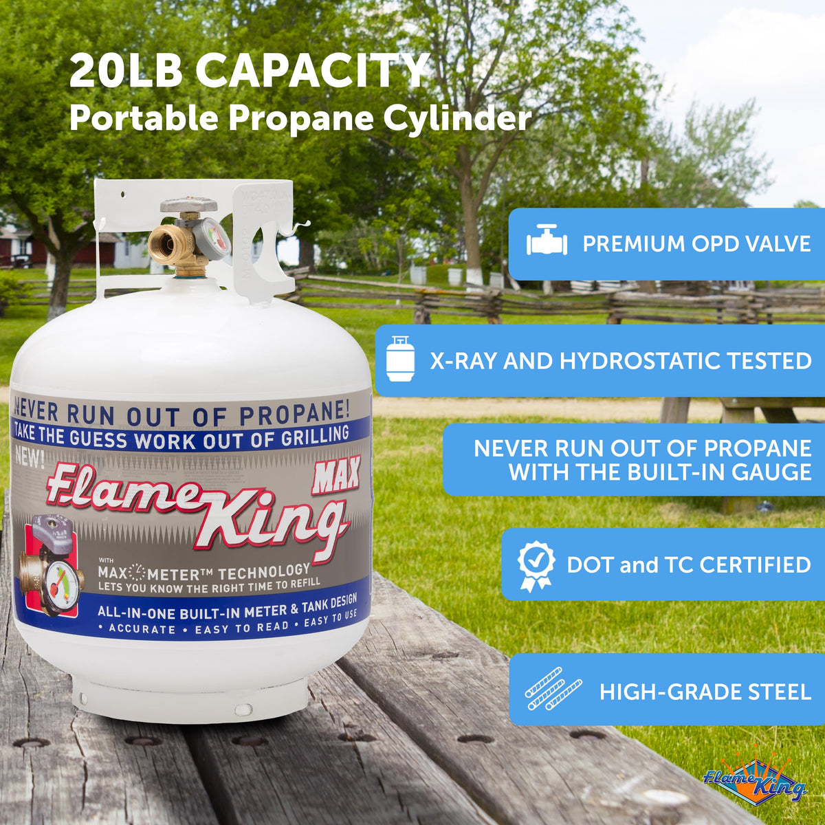 FLAME KING YSN230 Flame King YSN230 20LB Steel Propane Tank Cylinder With Overflow Protection Device Valve and Built-in Gauge, Great For Grills And BBQs