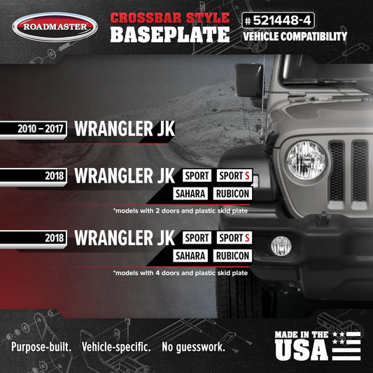 ROADMASTER 521448-4 Roadmaster 521448-4 Crossbar Style Base Plates Compatible with 2010-2017 Wrangler JK & 2018 JK Sport, Sport S, Sahara & Rubicon Models with Plastic Skid Plate | Secure Connection for Flat Towing