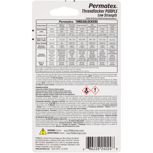PERMATEX 24024 Permatex 24024 Low Strength Threadlocker Purple, 6 ml Tube