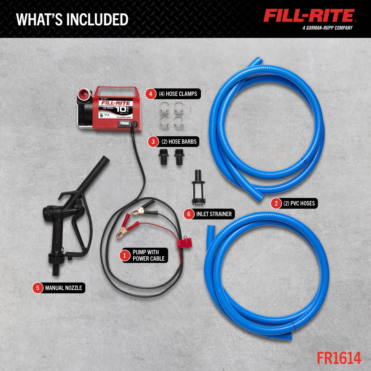FILL RITE FR1614 Fill-Rite FR1614 12V 10 GPM Portable Fuel Transfer Pump for Diesel and Antifreeze with Suction and Discharge Hoses