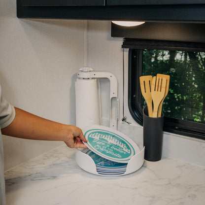 CAMCO 57114 Camco Paper Towel Holder | Ideal for Compact Areas | Features Mountable Design and Adjustable Side Knob | White (57114)