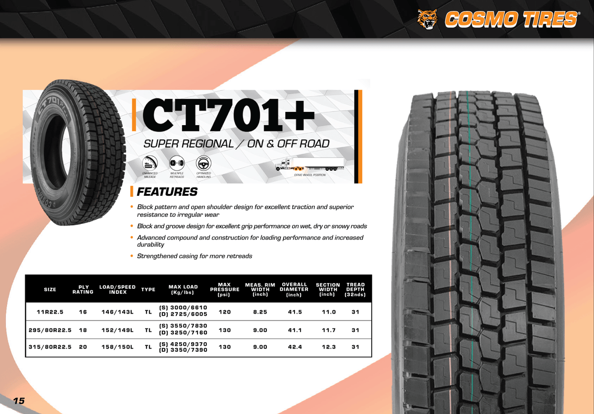 Cosmo CT701+ 295/80R22.5 tire